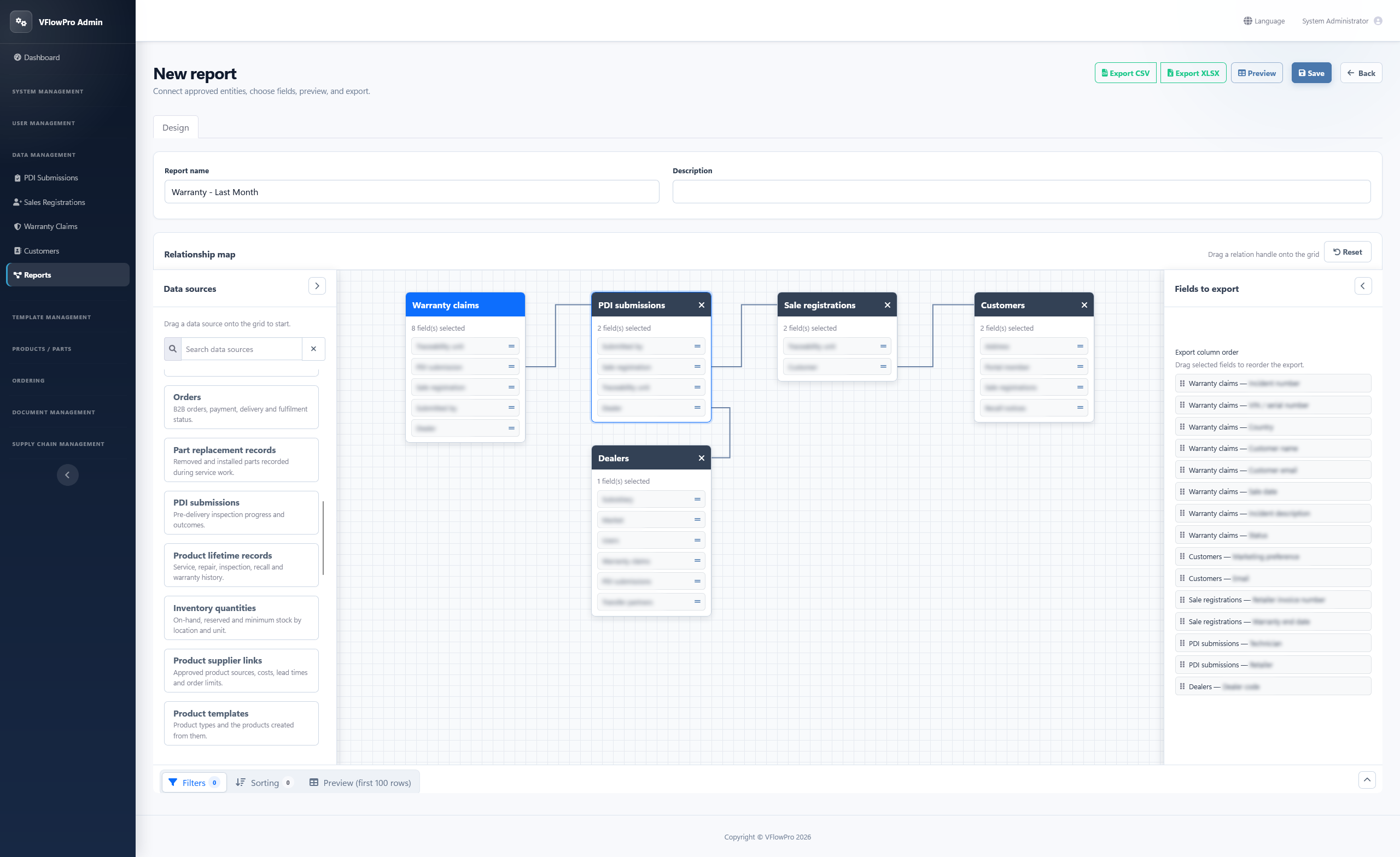 VFlowPro report editor showing connected warranty claims, PDI submissions, sales registrations, customers and dealers, with export fields arranged on the right