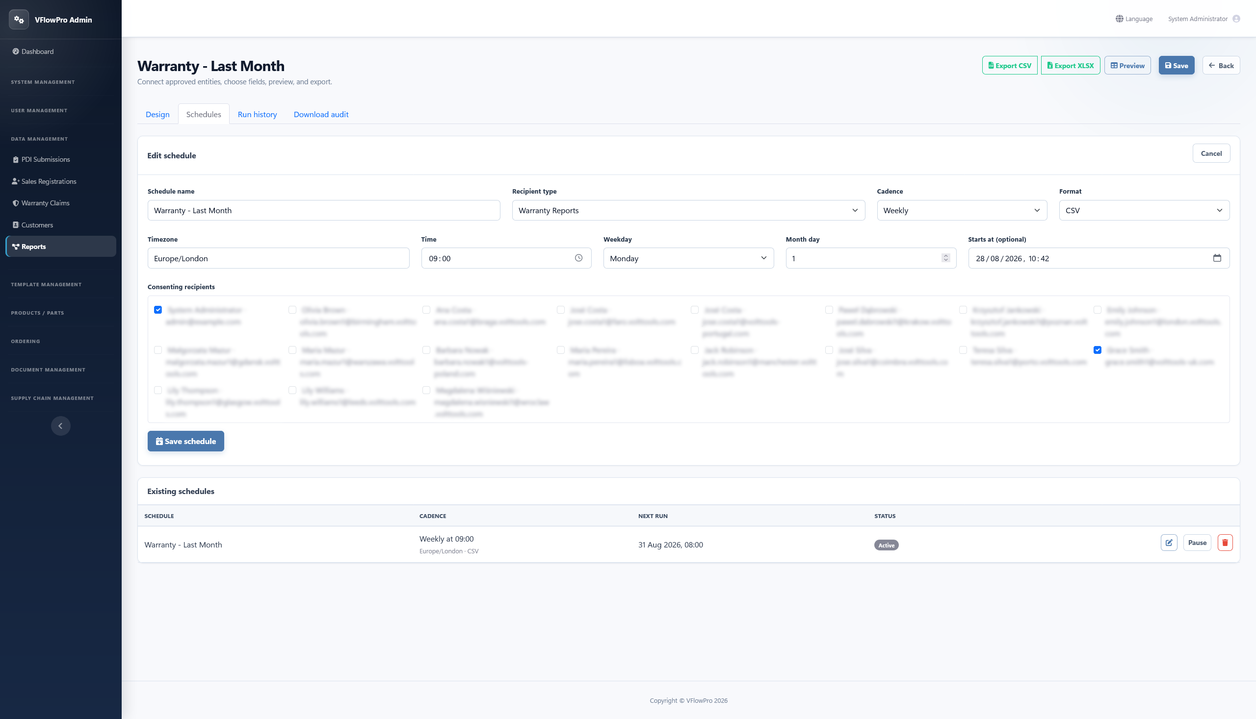 VFlowPro Schedules tab showing a weekly CSV report schedule, local timezone, consenting-recipient selection and an active schedule with its next run